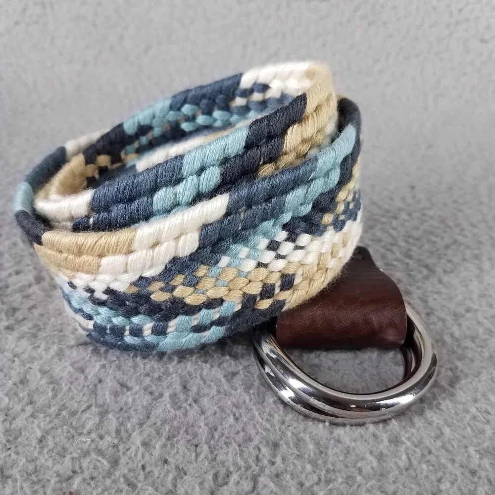 Eddie Bauer Woven Belt Adult Large XL Blue D Ring Casual Hiking Golf Travel USA